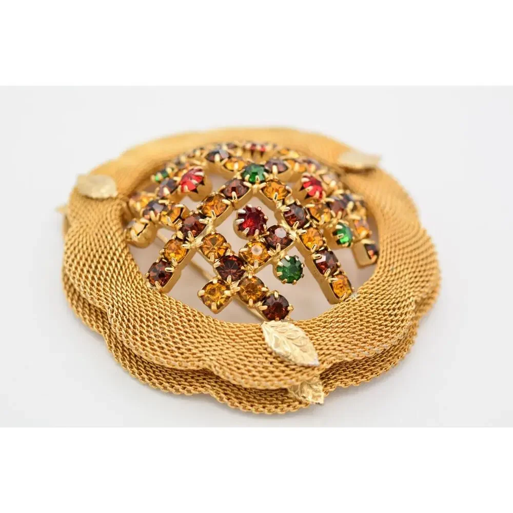 Vintage Crystal Pin Brooch Mesh Gold Prong Multi-Color Rhinestone 1970s BinAT